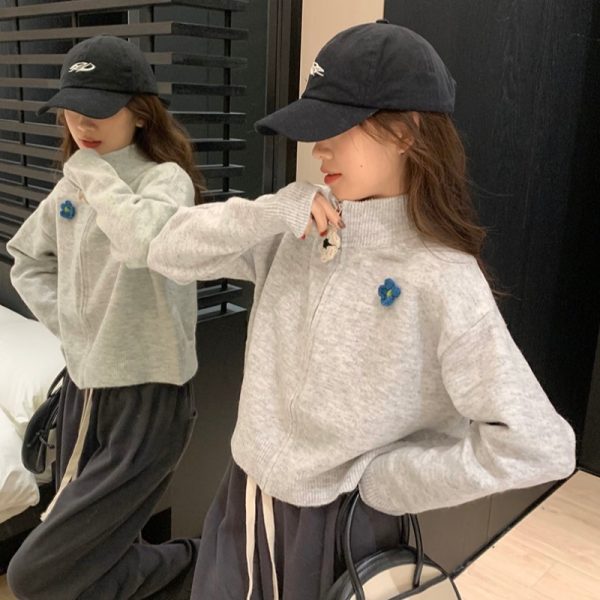 586484678 Gray Zipper High Neck Knit Cardigan Coat for Women, Spring Autumn Winter, Petite, Loose Short Style Sweater Top
