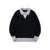 586483995 Color-Blocked Mock Two-Piece Knit Sweater with Turn-Down Collar, Unisex Casual Versatile Pullover