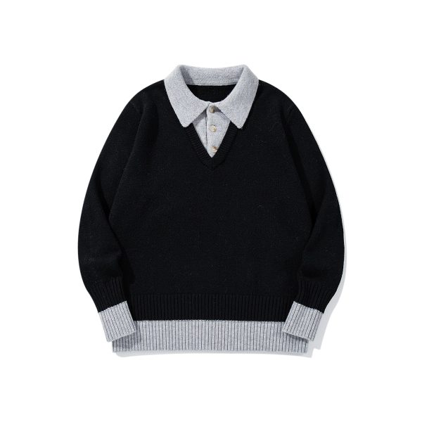 586483995 Color-Blocked Mock Two-Piece Knit Sweater with Turn-Down Collar, Unisex Casual Versatile Pullover