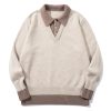 586483998 Color-Blocked Mock Two-Piece Knit Sweater with Turn-Down Collar, Unisex Casual Versatile Pullover