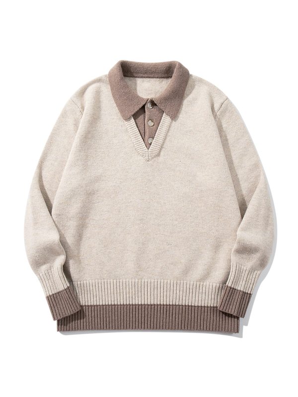 586483998 Color-Blocked Mock Two-Piece Knit Sweater with Turn-Down Collar, Unisex Casual Versatile Pullover