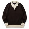 586483999 Color-Blocked Mock Two-Piece Knit Sweater with Turn-Down Collar, Unisex Casual Versatile Pullover