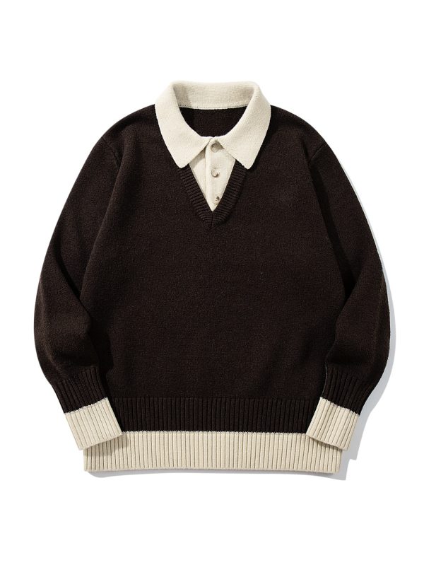586483999 Color-Blocked Mock Two-Piece Knit Sweater with Turn-Down Collar, Unisex Casual Versatile Pullover