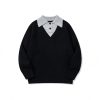 586484846 Minimalist Design Two-in-One V-Neck Color-Blocking Knit Sweater