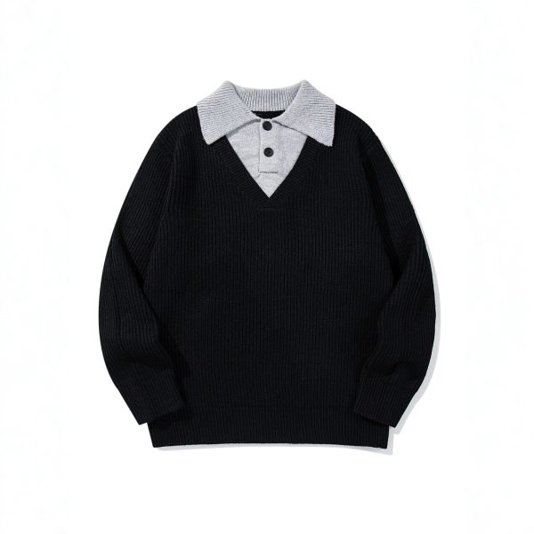 586484846 Minimalist Design Two-in-One V-Neck Color-Blocking Knit Sweater