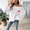 586483941 Lady's Crewneck Sweater Top, One-shoulder Off-shoulder Flared Sleeve with Heart Embroidery Applique Knitwear