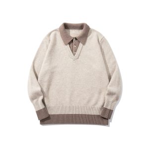 586483992 Color-Blocked Mock Two-Piece Knit Sweater with Turn-Down Collar, Unisex Casual Versatile Pullover