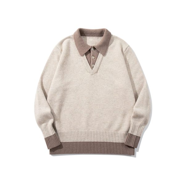 586483992 Color-Blocked Mock Two-Piece Knit Sweater with Turn-Down Collar, Unisex Casual Versatile Pullover