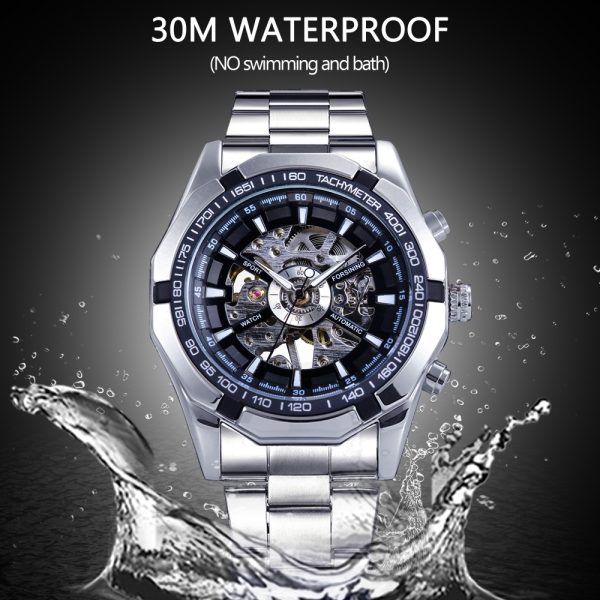 586486586 Silver Stainless Steel Waterproof Mens Skeleton Watches Top Brand Luxury Transparent Mechanical Male Wrist Watch