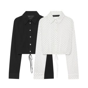 586483967 Adjustable polka dot embellished short chiffon shirt