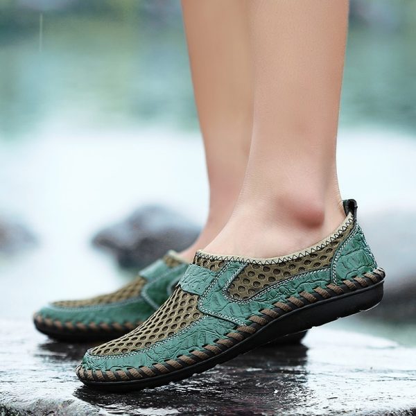 586485437 Breathable Mesh Shoes Italy Loafers Mens Casual Shoes Genuine Leather Slip On Brand Shoes Man