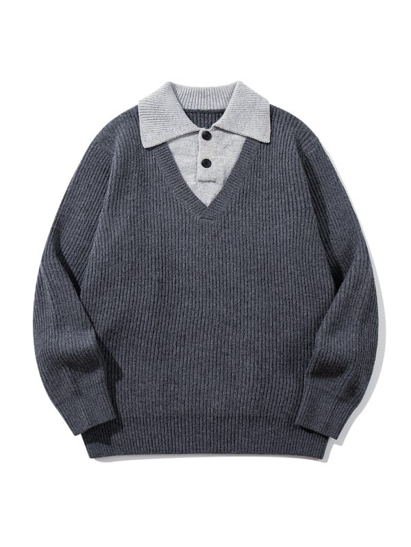 586484848 Minimalist Design Two-in-One V-Neck Color-Blocking Knit Sweater
