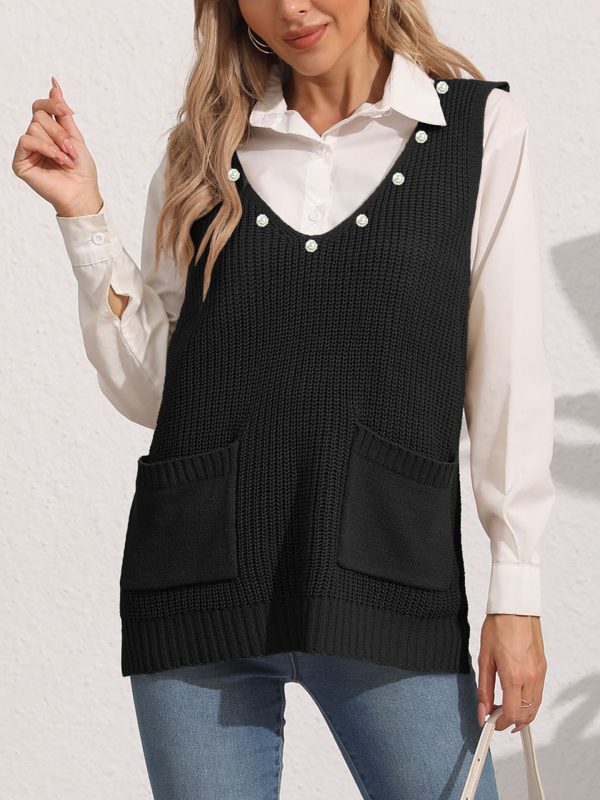 586484881 Women's Vest Double Pocket Patchwork V-neck Casual Pearl Beaded Sleeveless Top Sweater