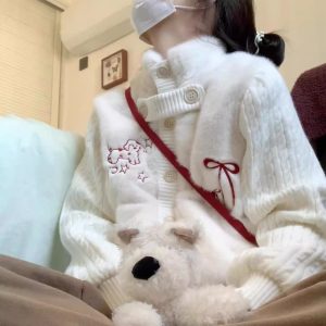 586483872 Sweet Knitted Patchwork Faux Fur Embroidered Cardigan for Women Spring Soft and Gentle Versatile Warm Open Front Sweater