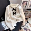 586483896 Chic Bow Soft Knit Cardigan Coat for Women, Spring and Autumn Round Neck Floral Top