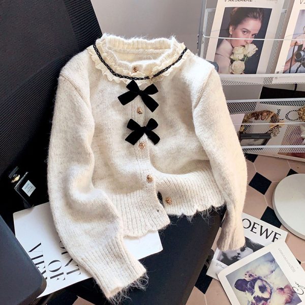 586483896 Chic Bow Soft Knit Cardigan Coat for Women, Spring and Autumn Round Neck Floral Top