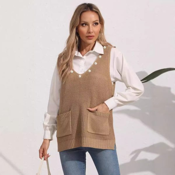 586484876 Women's Vest Double Pocket Patchwork V-neck Casual Pearl Beaded Sleeveless Top Sweater