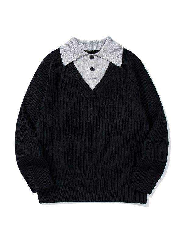 586484849 Minimalist Design Two-in-One V-Neck Color-Blocking Knit Sweater