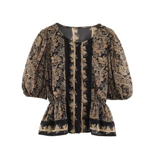 586484919 Retro slim fit printed round neck top
