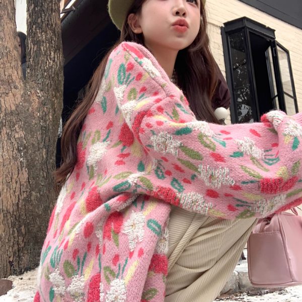 586483867 Chic and Stylish Loose Knit Sweater for Women, Autumn New Arrival, Plus Size, Sweet Floral Pink Knitted Cardigan
