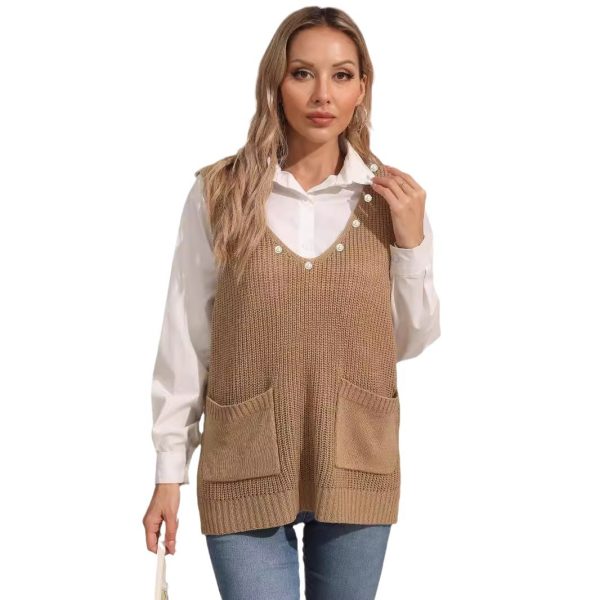 586484875 Women's Vest Double Pocket Patchwork V-neck Casual Pearl Beaded Sleeveless Top Sweater