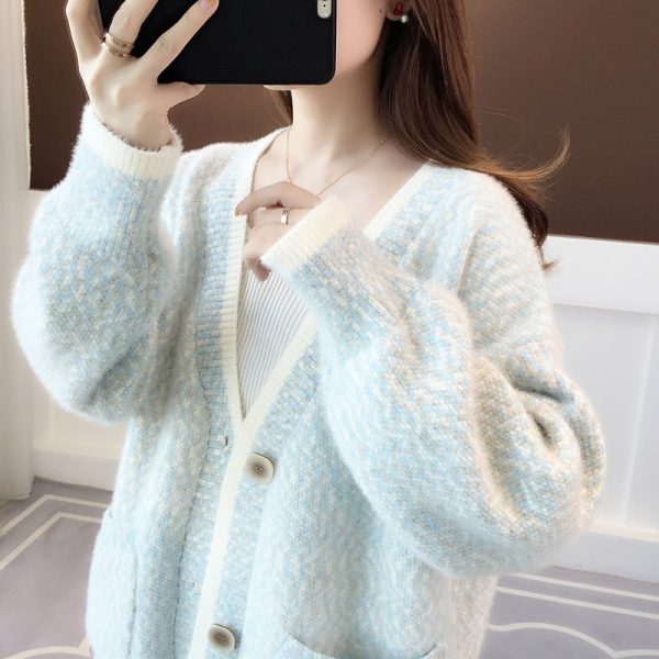 586484671 Fall New Women's Knit Cardigan Sweater Loose Outerwear Water Rabbit Fur Top Coat