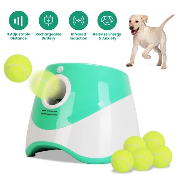 3c82e8ef-3873-4e5b-a97f-4964579317bc.jpg Automatic Dog Ball Launcher Included 6 Tennis Balls Dog With 3 Adjustable Launch Distance Interactive Ball Thrower Fetch Machine For Small Medium Dogs