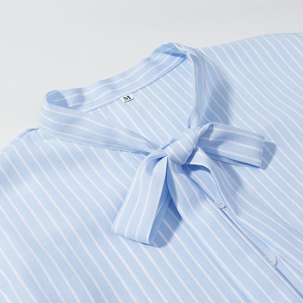 586484899 Bow tie tied striped long sleeved shirt