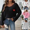 586483943 Lady's Crewneck Sweater Top, One-shoulder Off-shoulder Flared Sleeve with Heart Embroidery Applique Knitwear