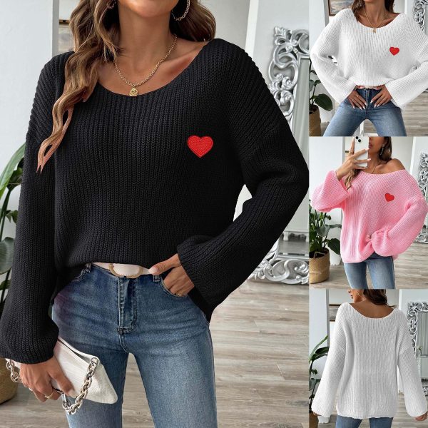 586483943 Lady's Crewneck Sweater Top, One-shoulder Off-shoulder Flared Sleeve with Heart Embroidery Applique Knitwear