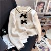 586483891 Chic Bow Soft Knit Cardigan Coat for Women, Spring and Autumn Round Neck Floral Top