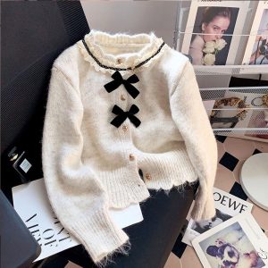 586483891 Chic Bow Soft Knit Cardigan Coat for Women, Spring and Autumn Round Neck Floral Top