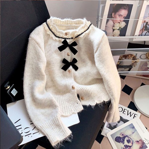 586483891 Chic Bow Soft Knit Cardigan Coat for Women, Spring and Autumn Round Neck Floral Top