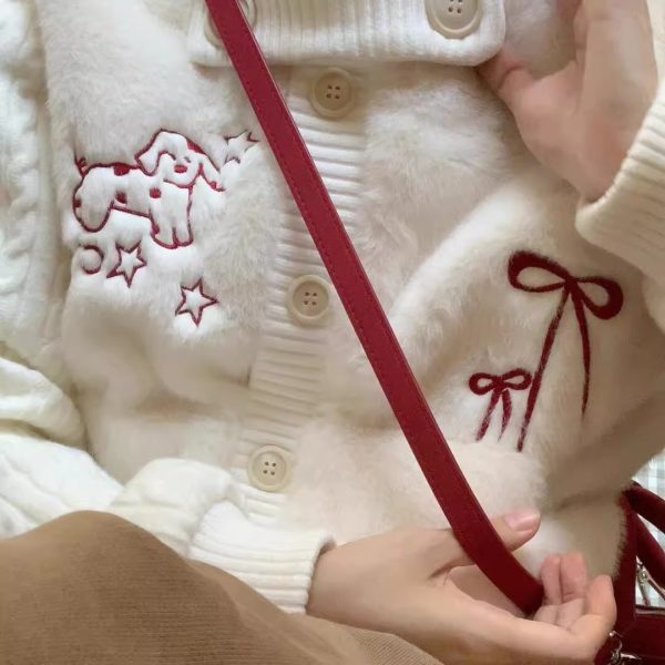 586483873 Sweet Knitted Patchwork Faux Fur Embroidered Cardigan for Women Spring Soft and Gentle Versatile Warm Open Front Sweater