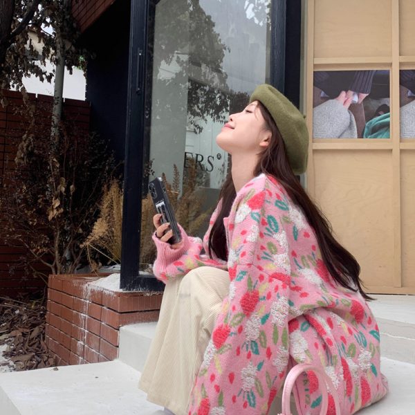 586483866 Chic and Stylish Loose Knit Sweater for Women, Autumn New Arrival, Plus Size, Sweet Floral Pink Knitted Cardigan