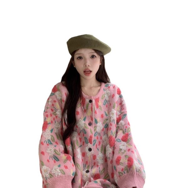 586483869 Chic and Stylish Loose Knit Sweater for Women, Autumn New Arrival, Plus Size, Sweet Floral Pink Knitted Cardigan