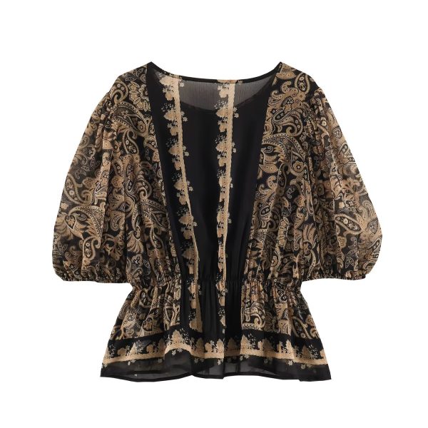 Retro slim fit printed round neck top