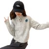 586484679 Gray Zipper High Neck Knit Cardigan Coat for Women, Spring Autumn Winter, Petite, Loose Short Style Sweater Top