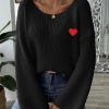 586483946 Lady's Crewneck Sweater Top, One-shoulder Off-shoulder Flared Sleeve with Heart Embroidery Applique Knitwear