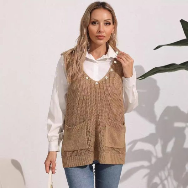 586484880 Women's Vest Double Pocket Patchwork V-neck Casual Pearl Beaded Sleeveless Top Sweater