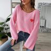 586483940 Lady's Crewneck Sweater Top, One-shoulder Off-shoulder Flared Sleeve with Heart Embroidery Applique Knitwear