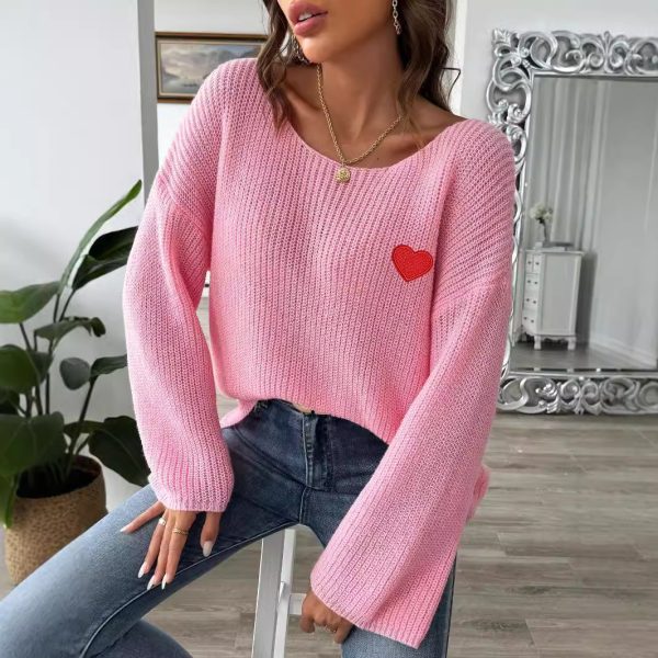 586483940 Lady's Crewneck Sweater Top, One-shoulder Off-shoulder Flared Sleeve with Heart Embroidery Applique Knitwear