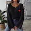 586483942 Lady's Crewneck Sweater Top, One-shoulder Off-shoulder Flared Sleeve with Heart Embroidery Applique Knitwear