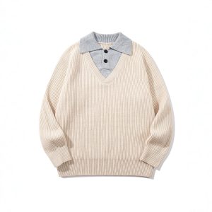 586484843 Minimalist Design Two-in-One V-Neck Color-Blocking Knit Sweater