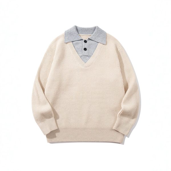 586484843 Minimalist Design Two-in-One V-Neck Color-Blocking Knit Sweater