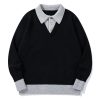 586483997 Color-Blocked Mock Two-Piece Knit Sweater with Turn-Down Collar, Unisex Casual Versatile Pullover