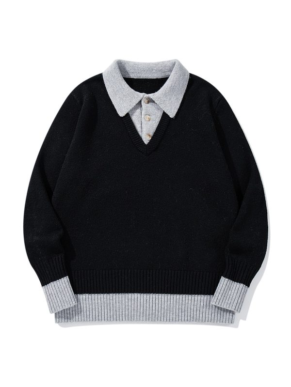 586483997 Color-Blocked Mock Two-Piece Knit Sweater with Turn-Down Collar, Unisex Casual Versatile Pullover