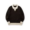 586483994 Color-Blocked Mock Two-Piece Knit Sweater with Turn-Down Collar, Unisex Casual Versatile Pullover