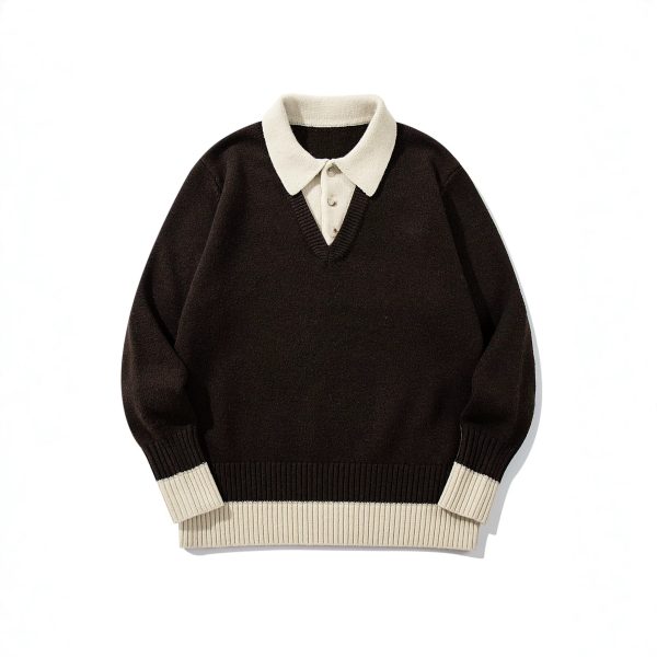 586483994 Color-Blocked Mock Two-Piece Knit Sweater with Turn-Down Collar, Unisex Casual Versatile Pullover