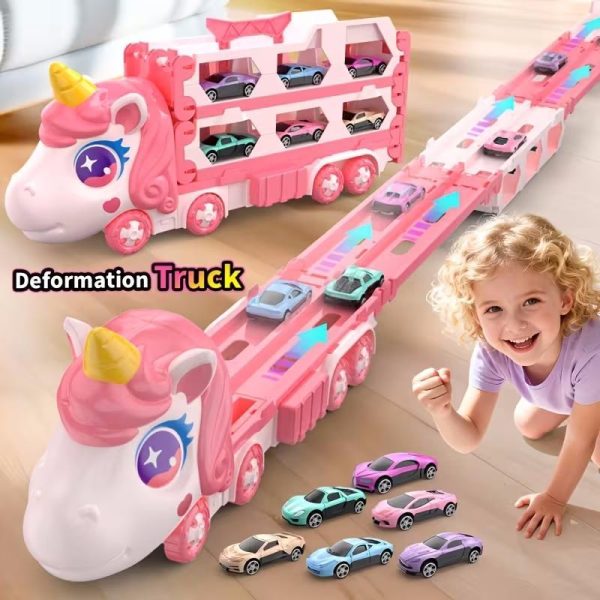 7bfab99f-ef07-49e4-8418-57845a5bd8c4.jpg Cute Transforming Truck Toy Expandable Racetrack & Vehicle Storage Set Portable Carrier With Mini Cars Toy For Girls Ages 3 And Up,Pickup Only